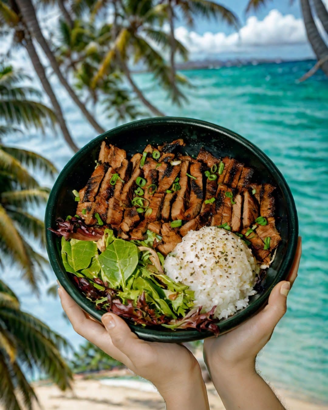 A bowl of grilled food, rice, and greens beside the ocean