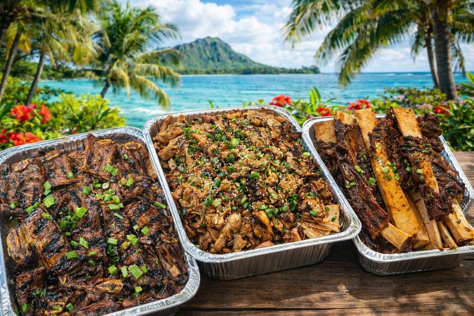 Hawaiian-style grilled plates with a tropical island view